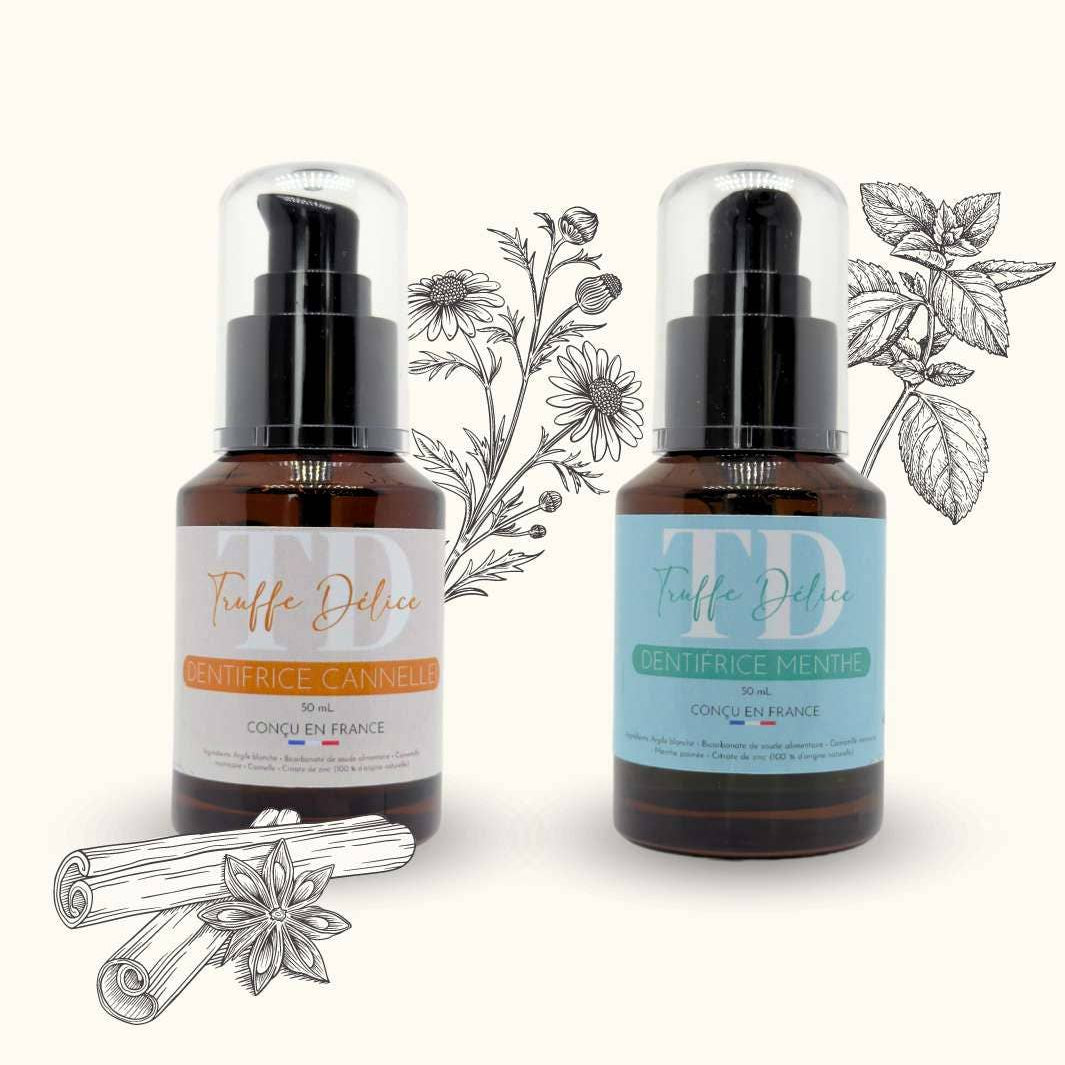 Two bottles of Taffy Deluxe products with decorative elements on a white background