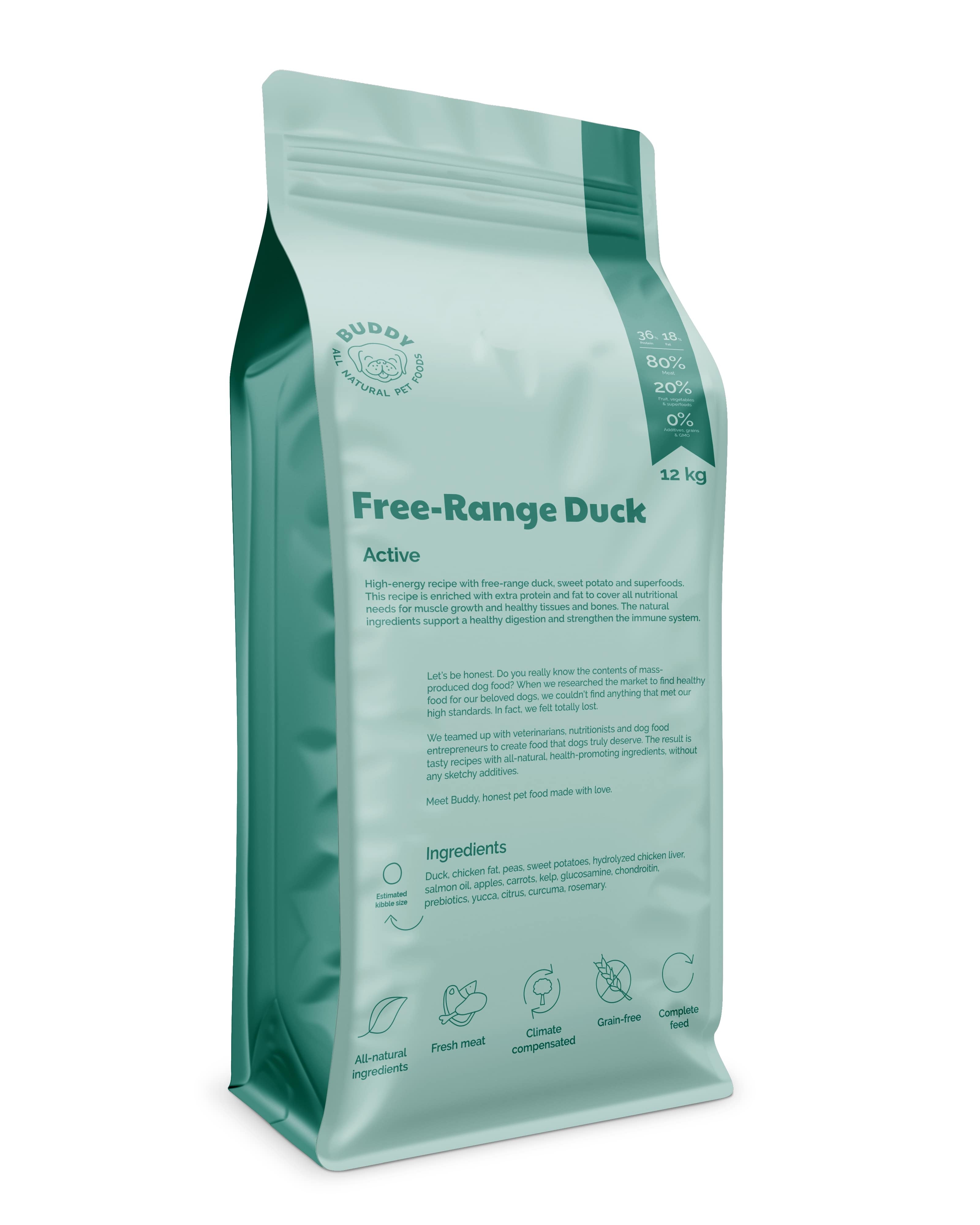 Green pet food packaging for free-range duck on a white background