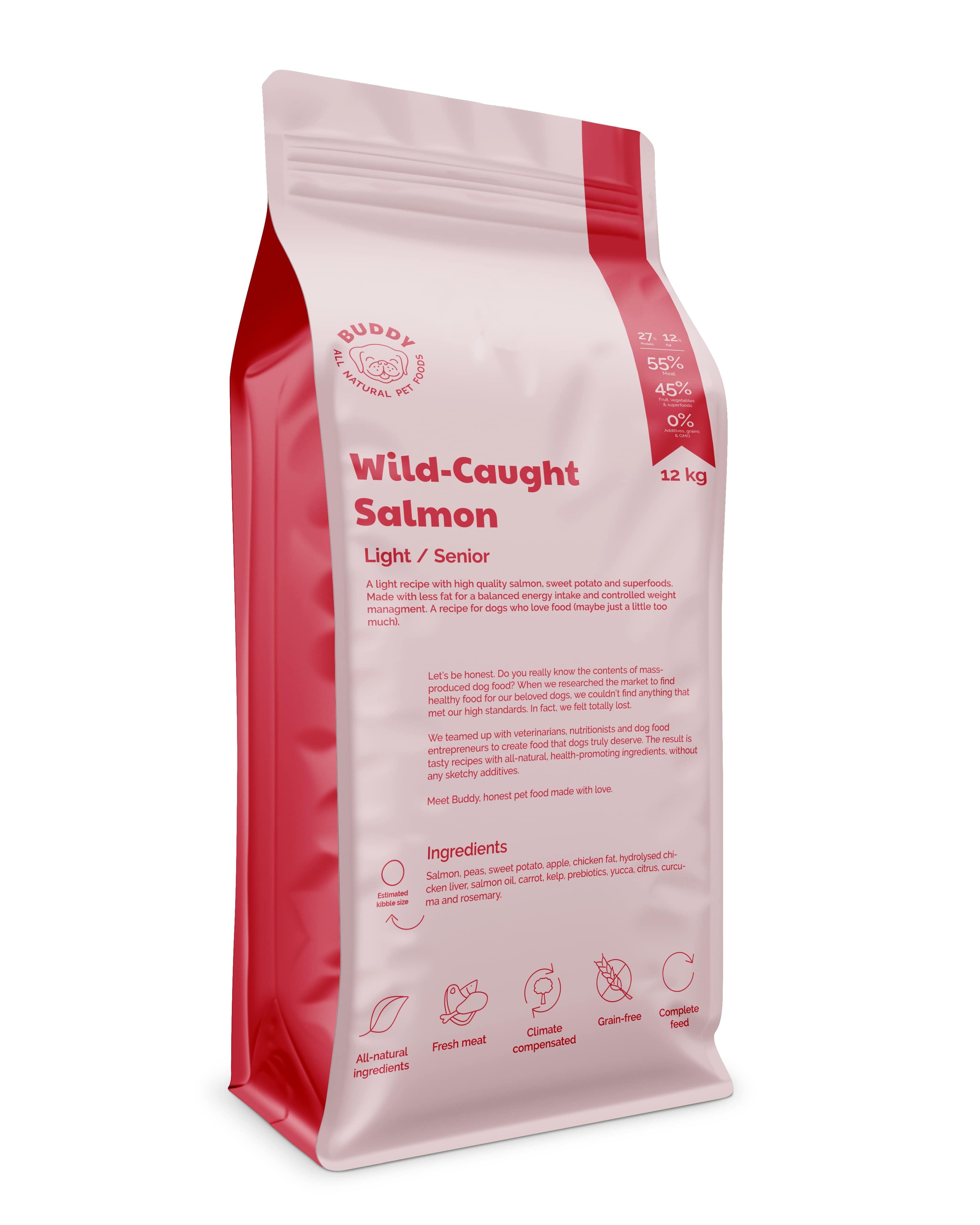Dog food package with &#39;Wild-Caught Salmon&#39; text on a white background