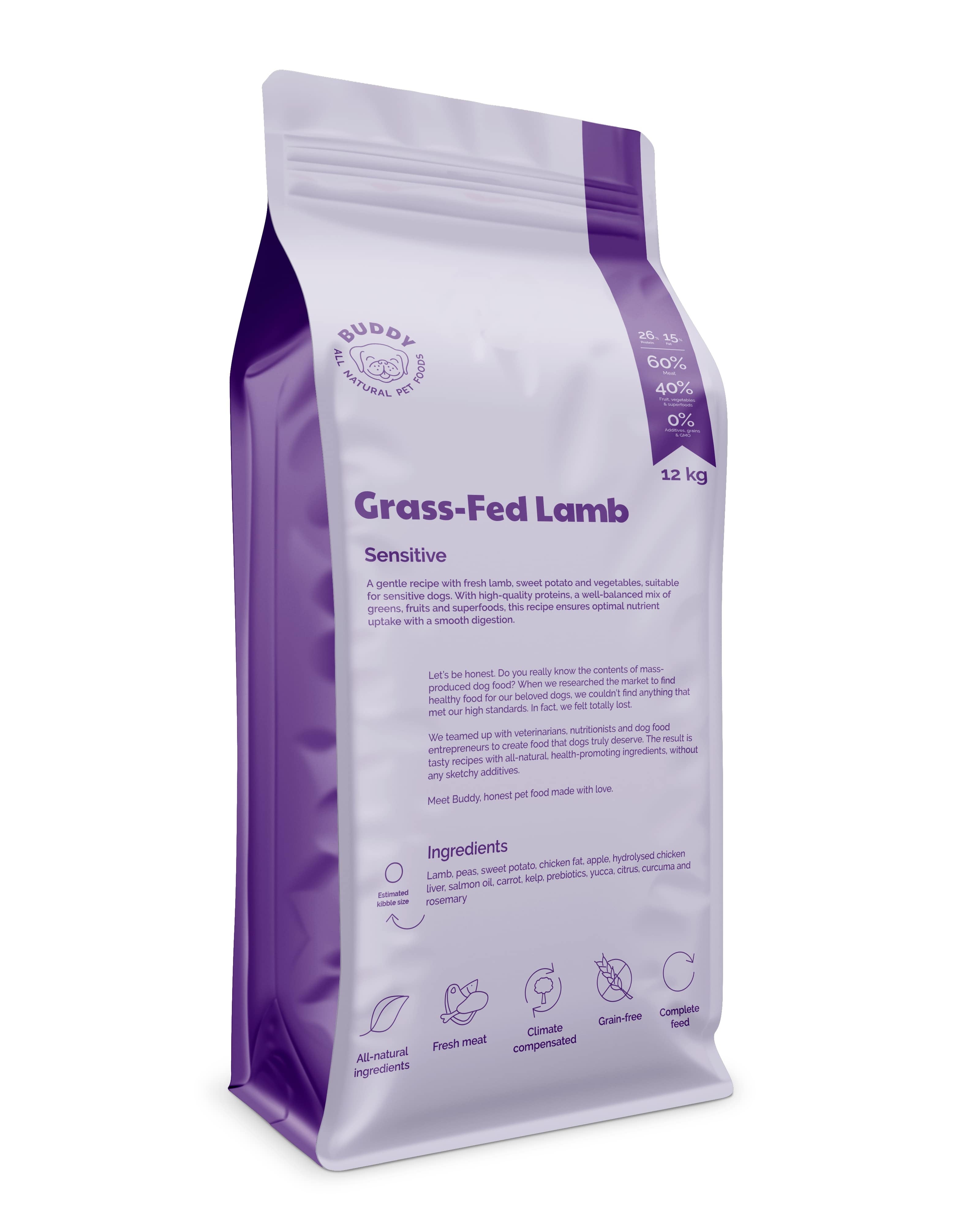 Purple and white bag of Buddy Pet Food Grass-Fed Lamb Sensitive on a white background
