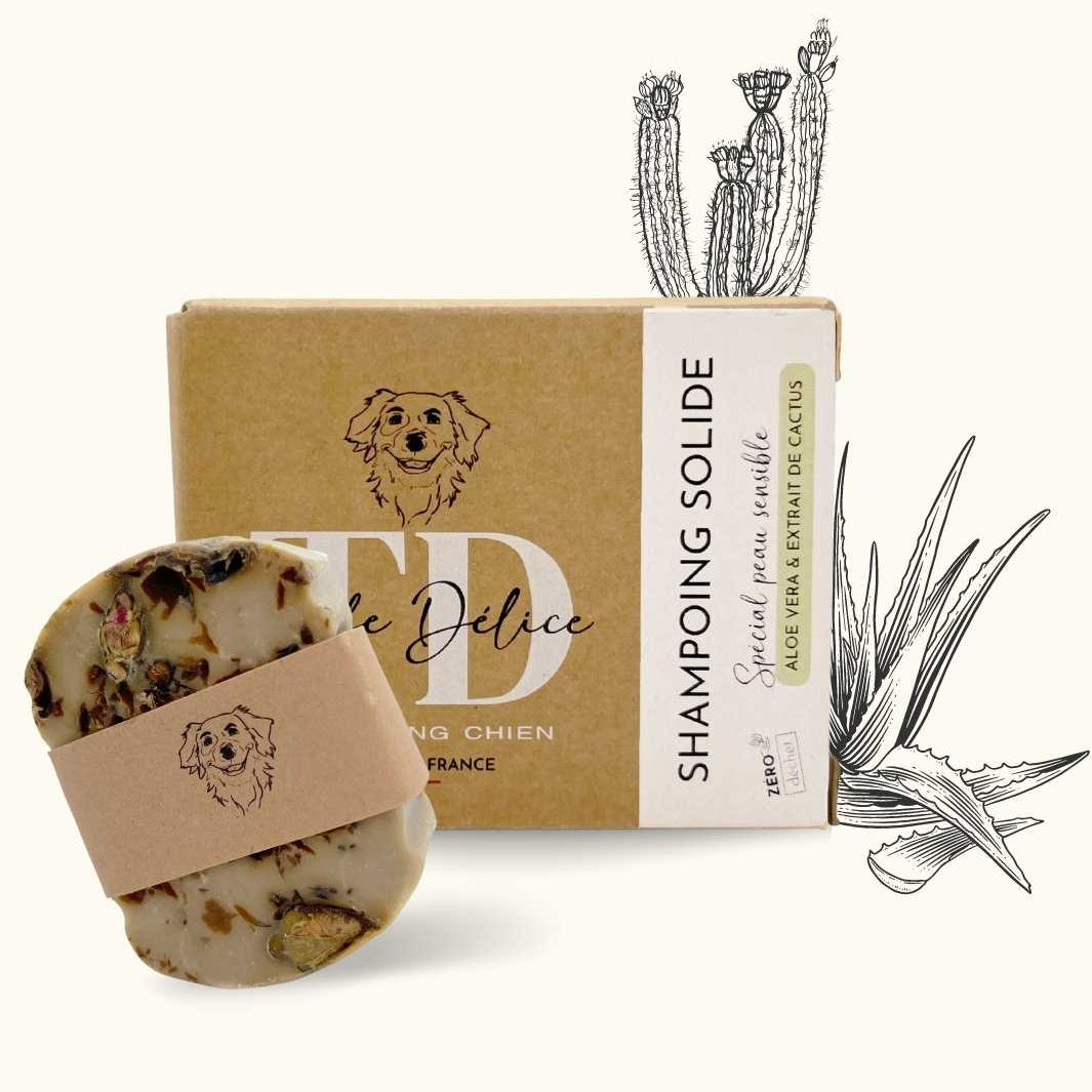 Solid shampoo bar with packaging featuring a dog logo on a white background