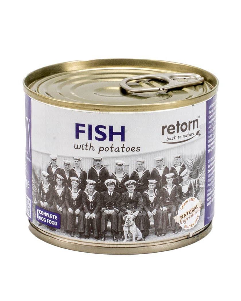 Can of &#39;Return&#39; fish with potatoes dog food on a white background