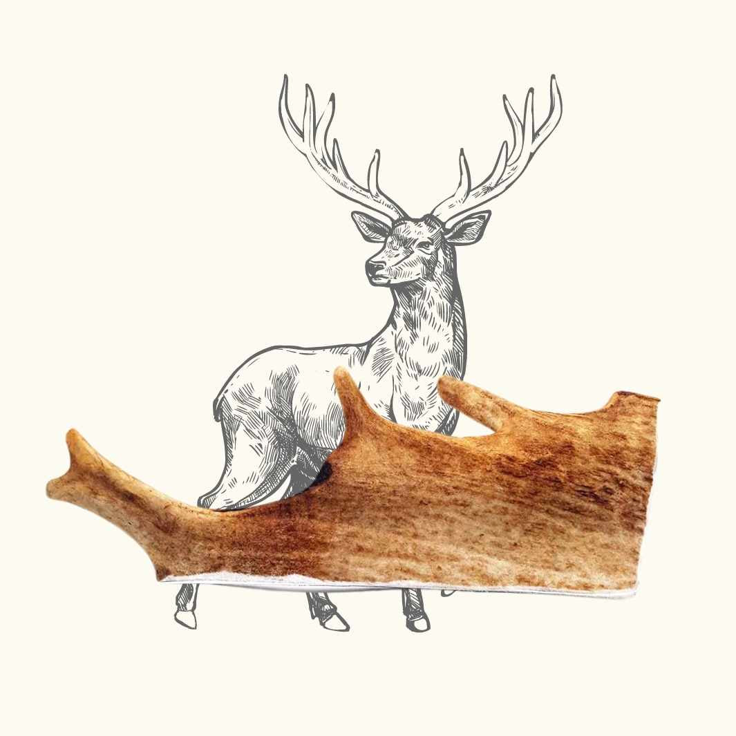 Silver deer figurine on a wooden branch against a white background