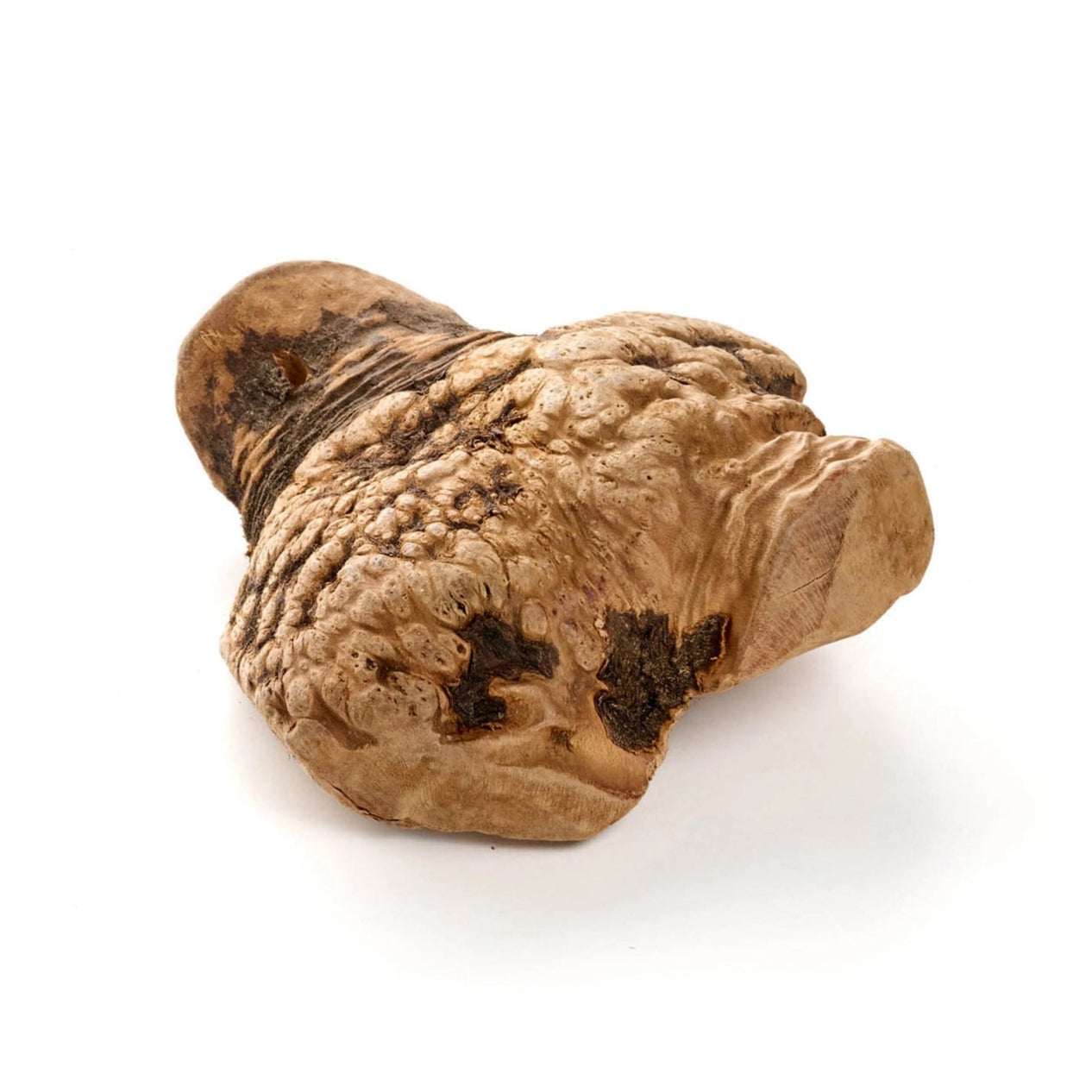 Wooden dog toy on a white background with a visible brand logo.