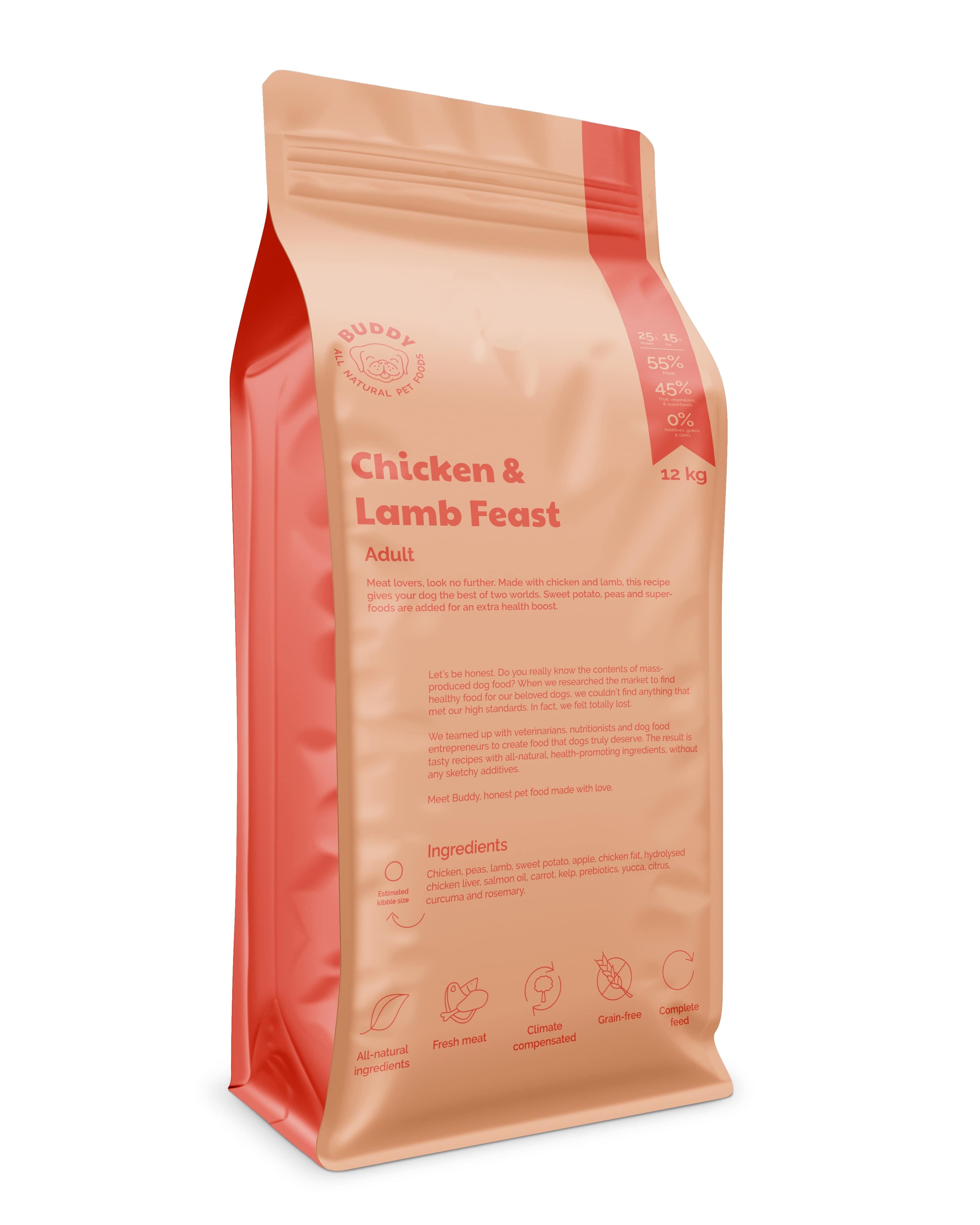 Dog food package labeled &#39;Chicken &amp; Lamb Feast&#39; on a white background