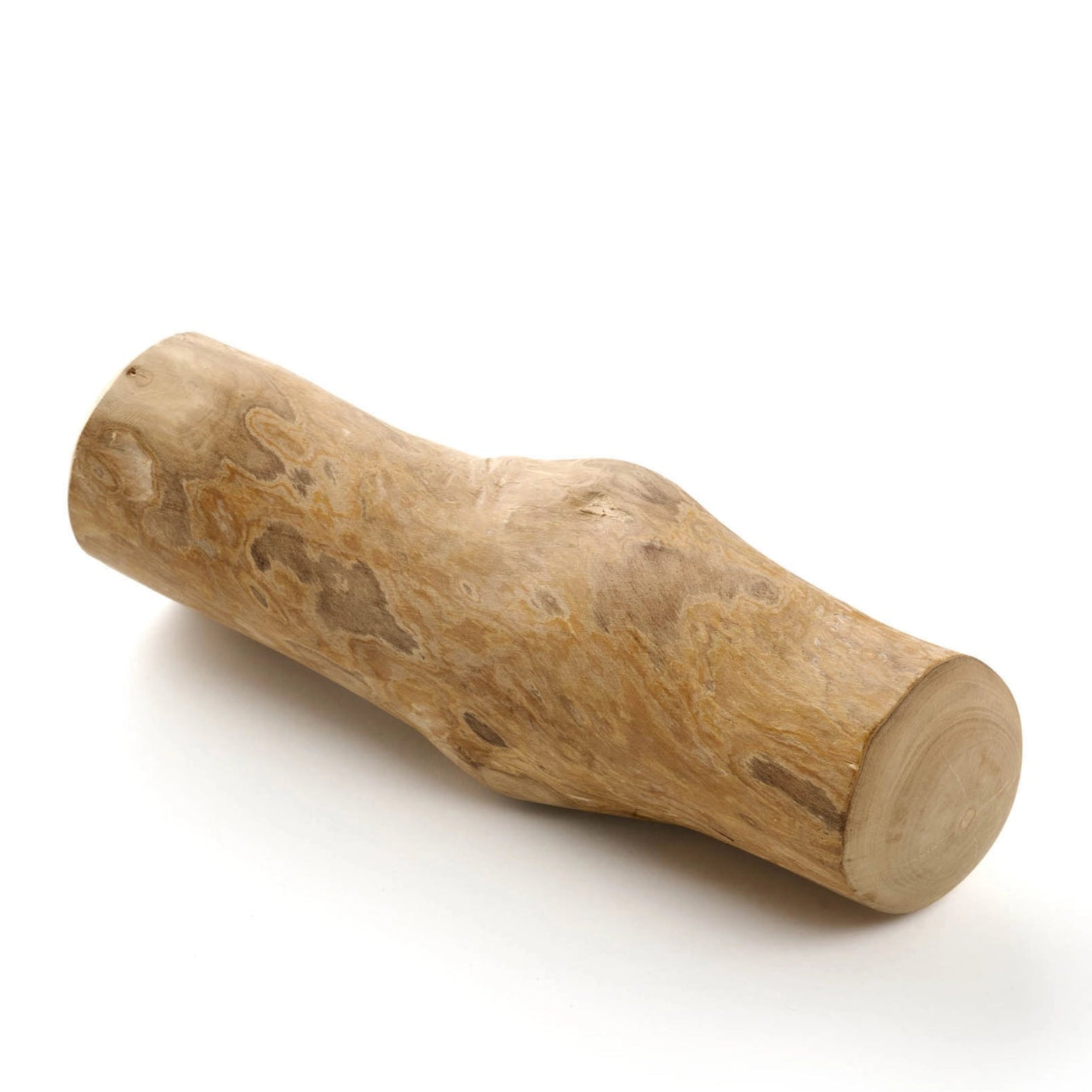 Wooden cylindrical object on a white background with a brand logo in the corner.