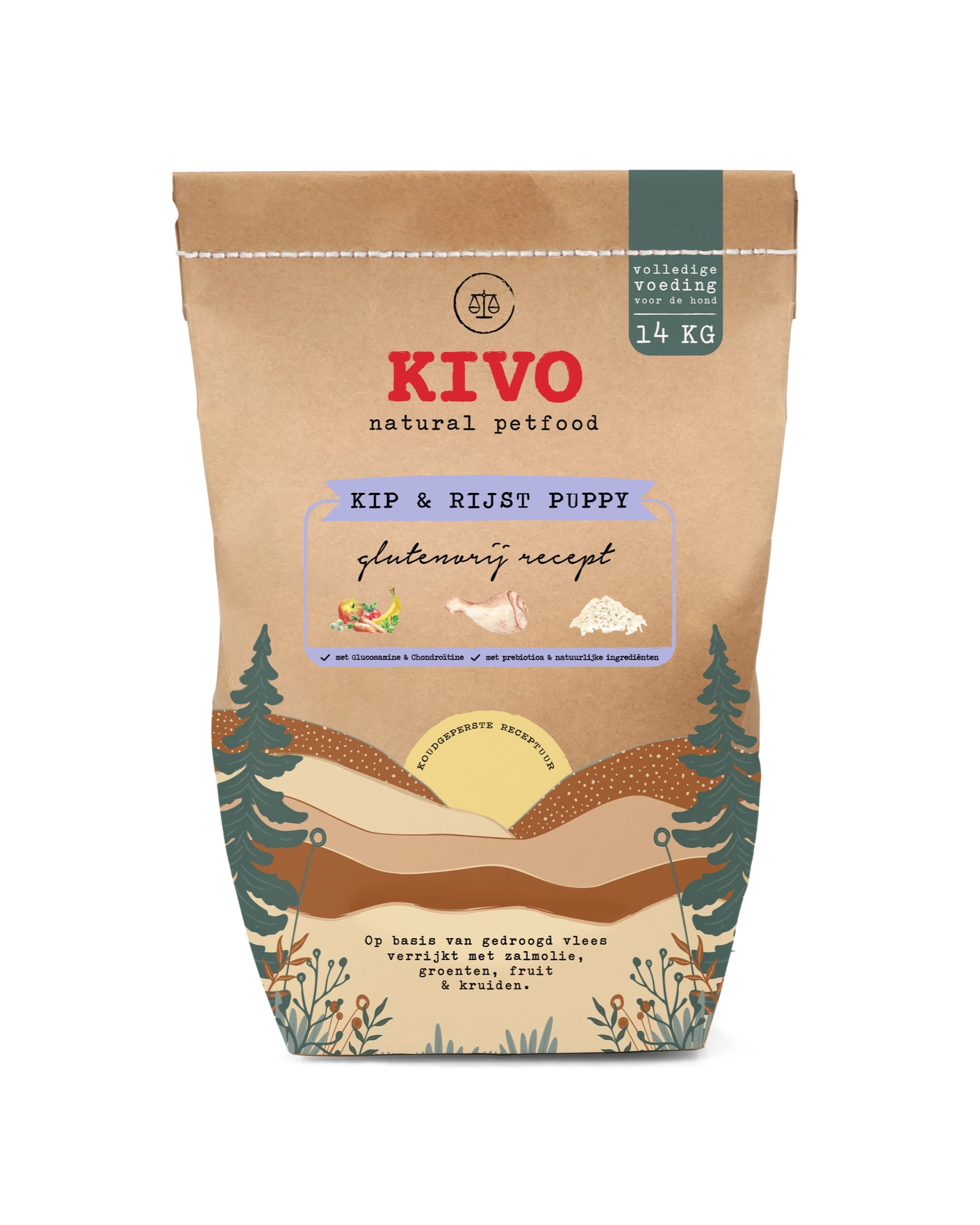 KIVO natural petfood package with scenic design on a white background