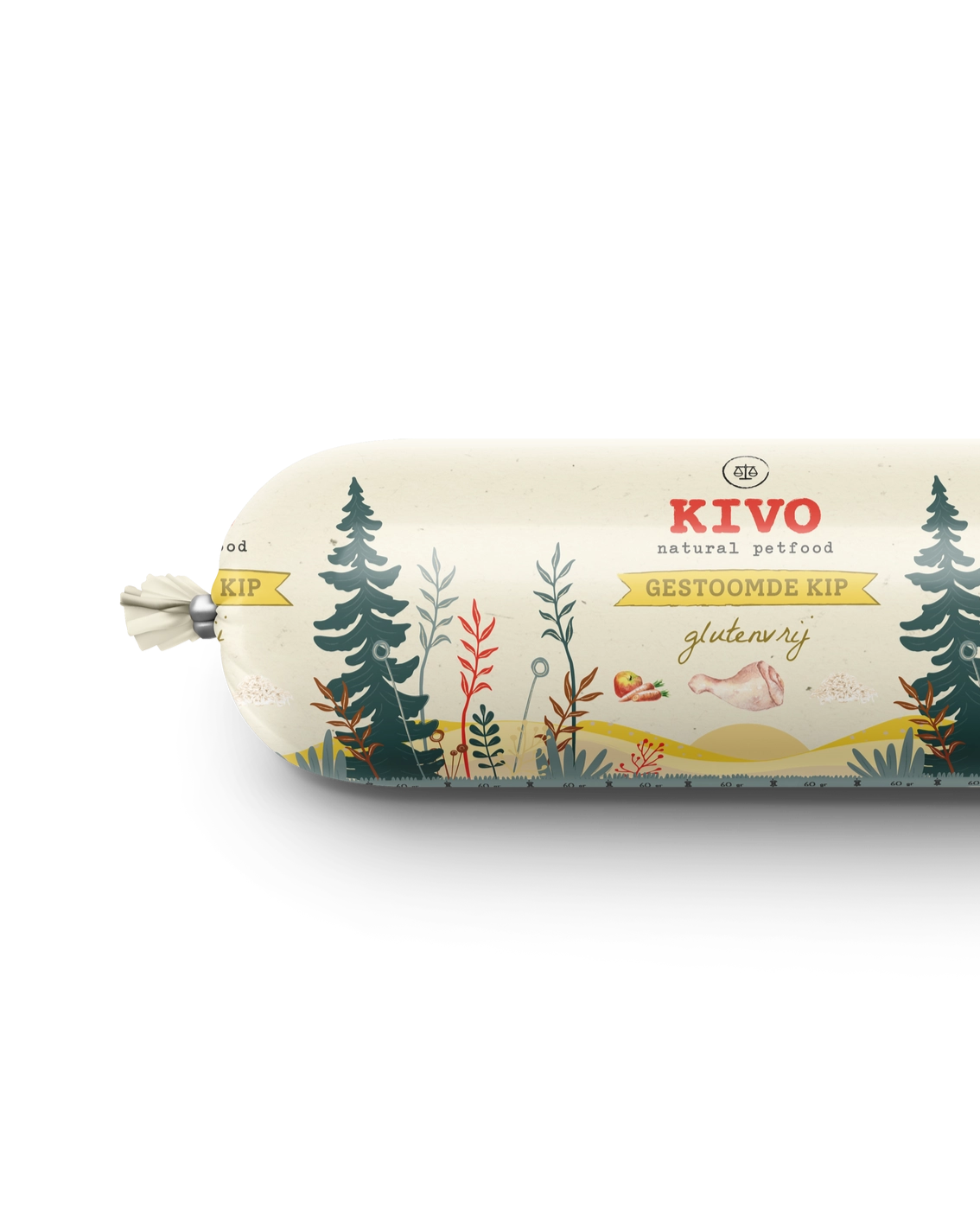 KIVO natural pet food product with forest design on a white background
