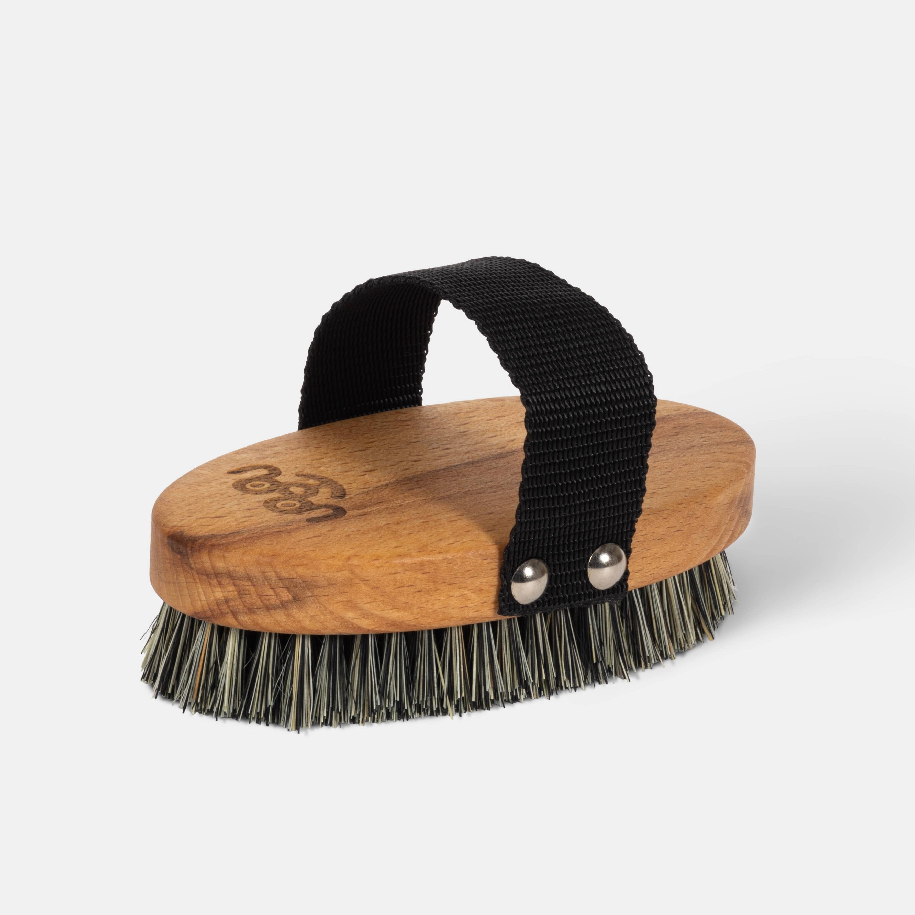 Wooden brush with bristles and a black handle on a white background