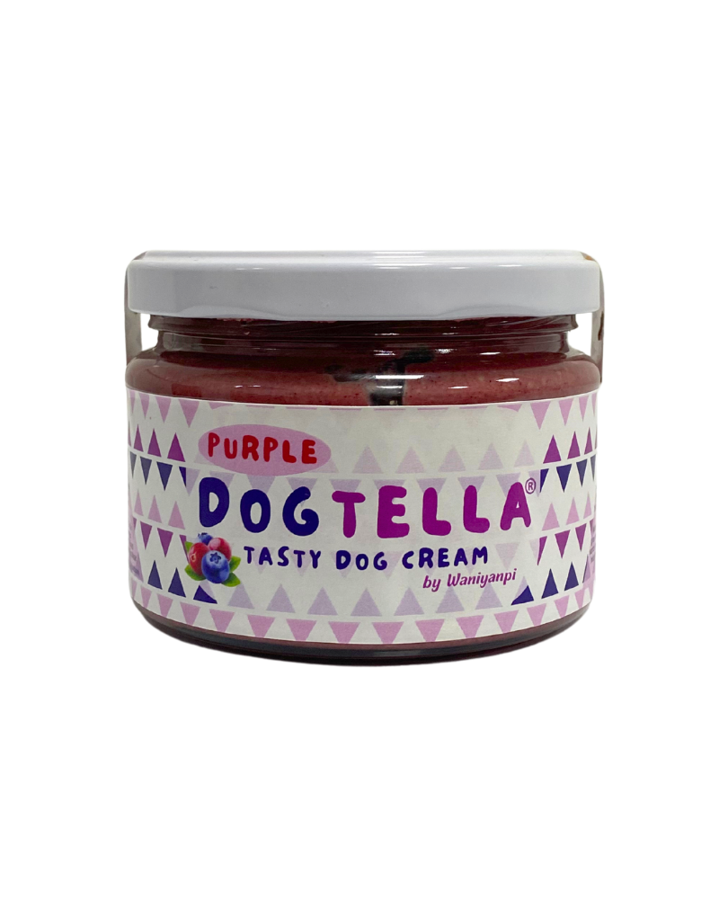 Jar of Purple Dogtella Tasty Dog Cream on a white background