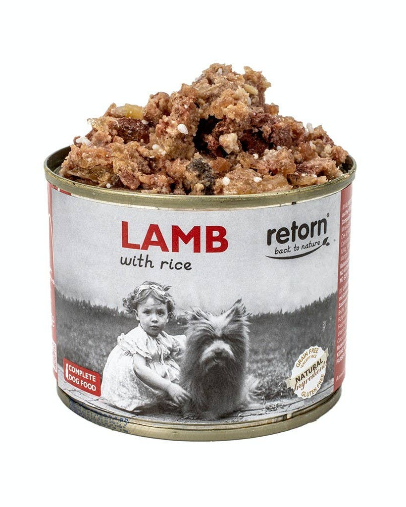 Can of lamb with rice pet food on a white background