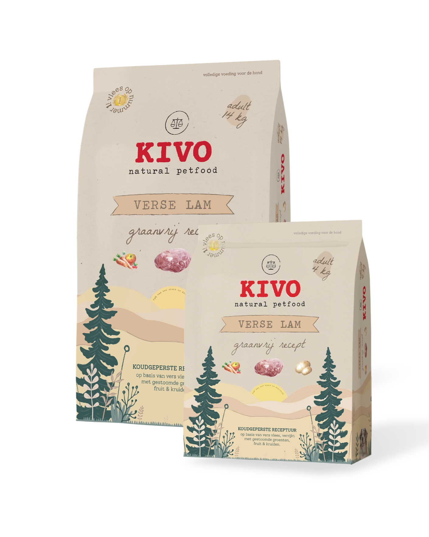 Two KIVO natural pet food bags on a white background