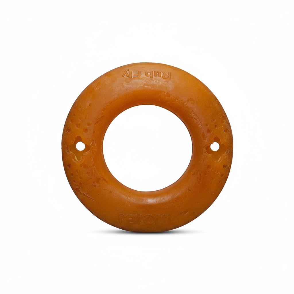 Brown rubber ring with &#39;Rubber Fling&#39; branding on a white background