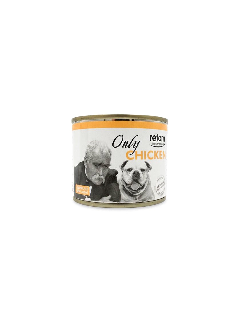 Can of Retromat dog food with a label featuring a dog and a person on a white background