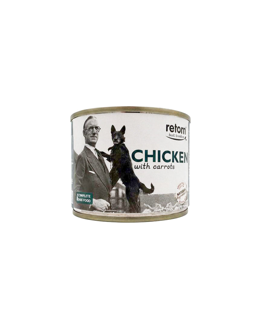 Canned food for pets with a label featuring a man and dog, on a white background.