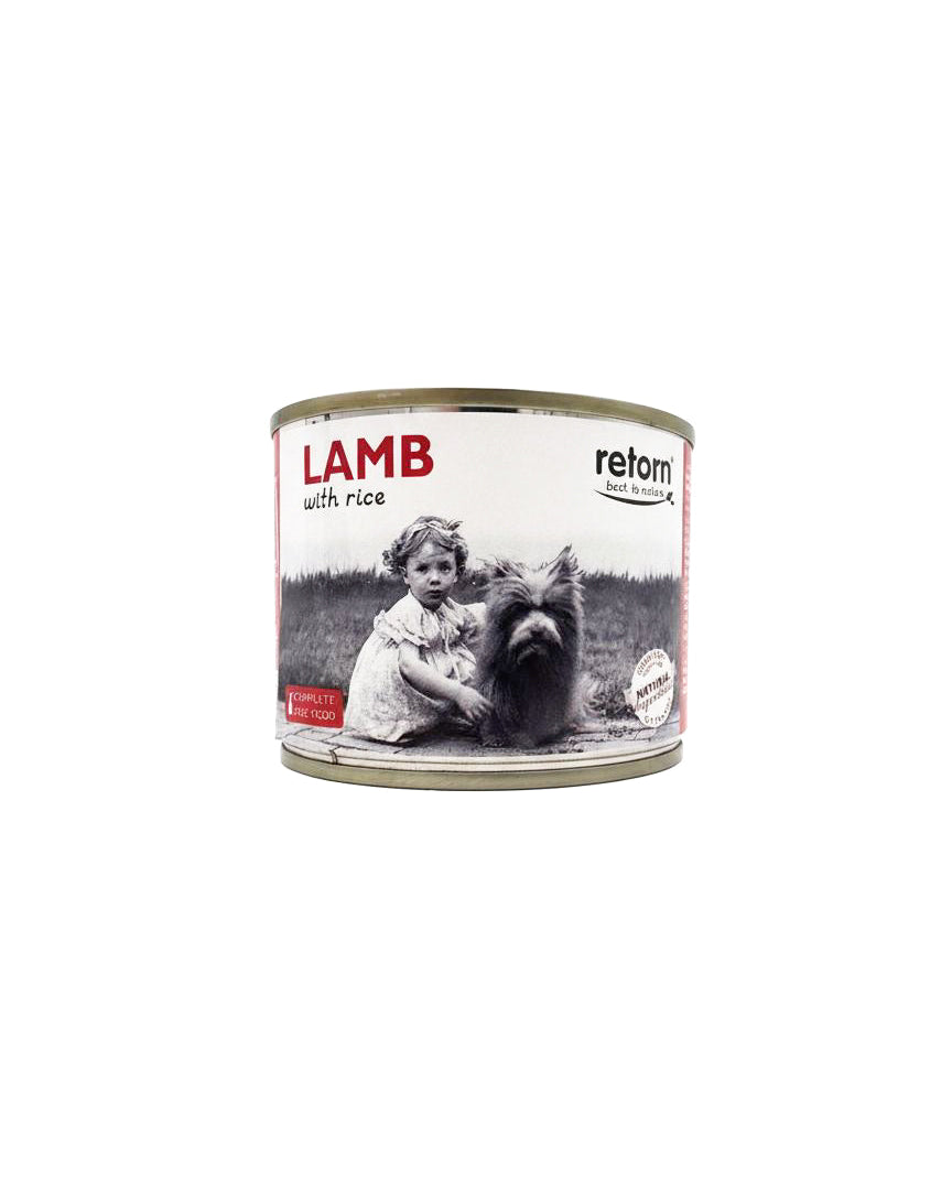 Can of Retom Lamb with Rice pet food on a white background