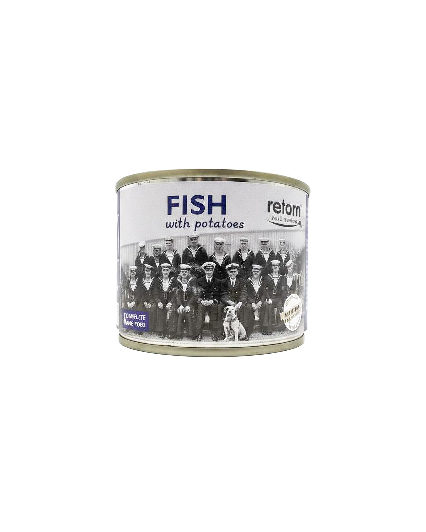 Can of fish with potatoes by Retom on a white background