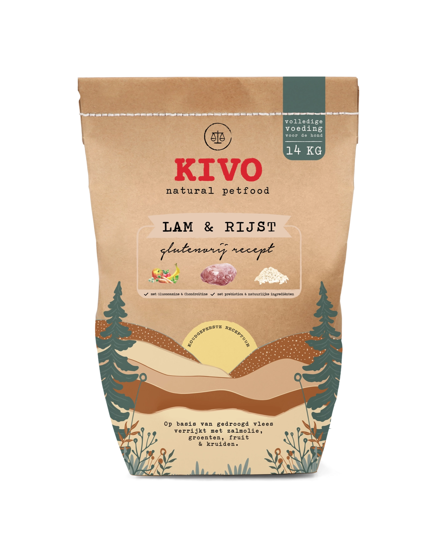 KIVO natural petfood package with landscape design on a white background